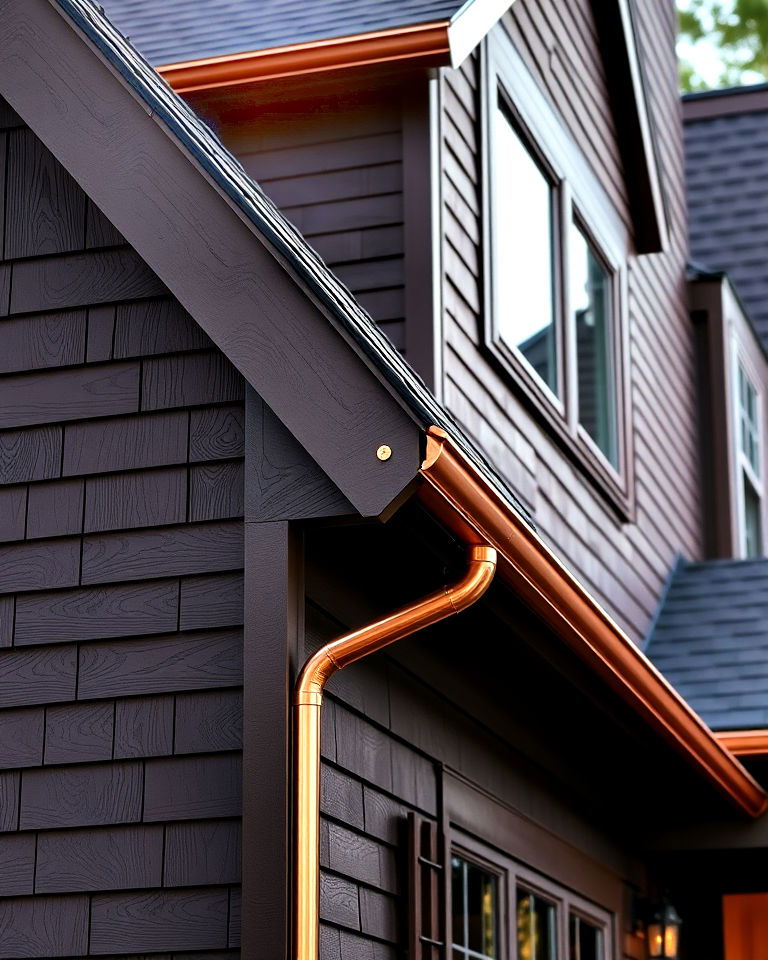 copper gutters with dark brown siding - 25 Dark Brown House Exterior Ideas