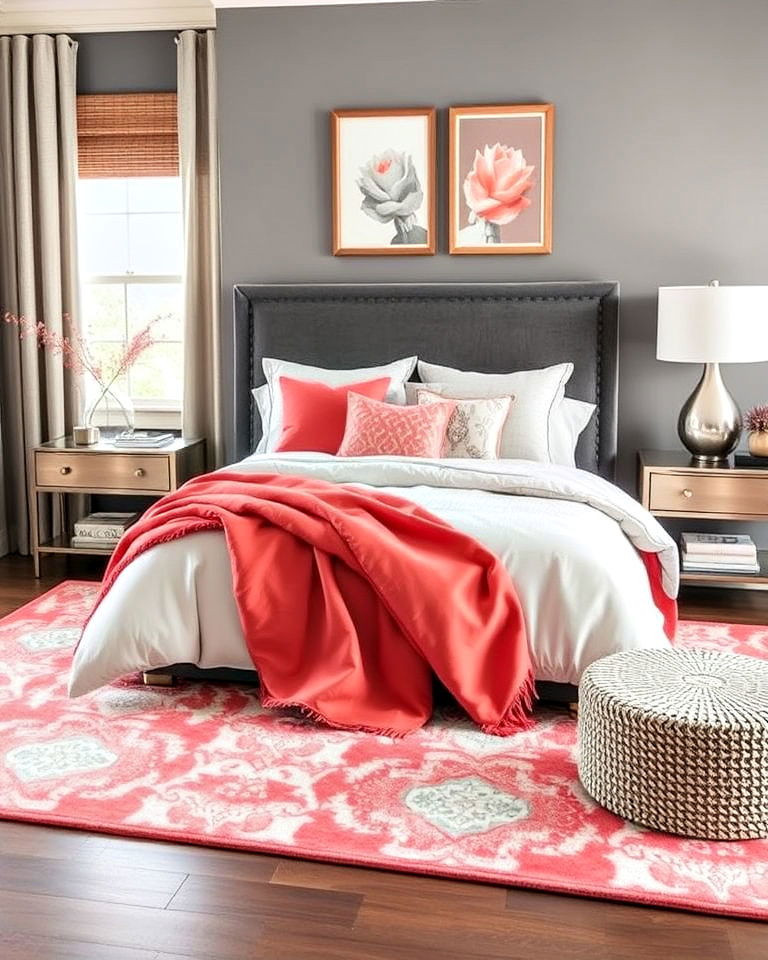 coral and gray color scheme for bedroom - 25 Coral Bedroom Ideas