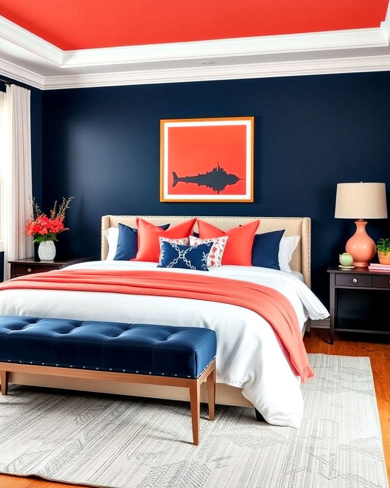 coral and navy color scheme for bedroom - 25 Coral Bedroom Ideas