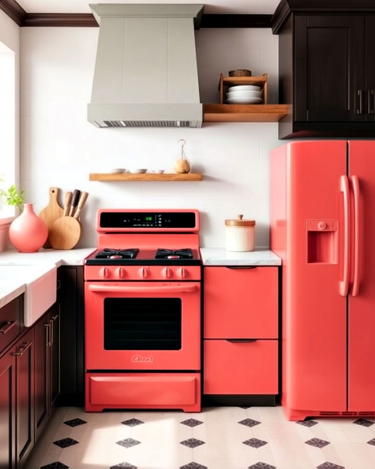 coral appliances for vibrant pop - 25 Kitchen With Colored Appliances Ideas