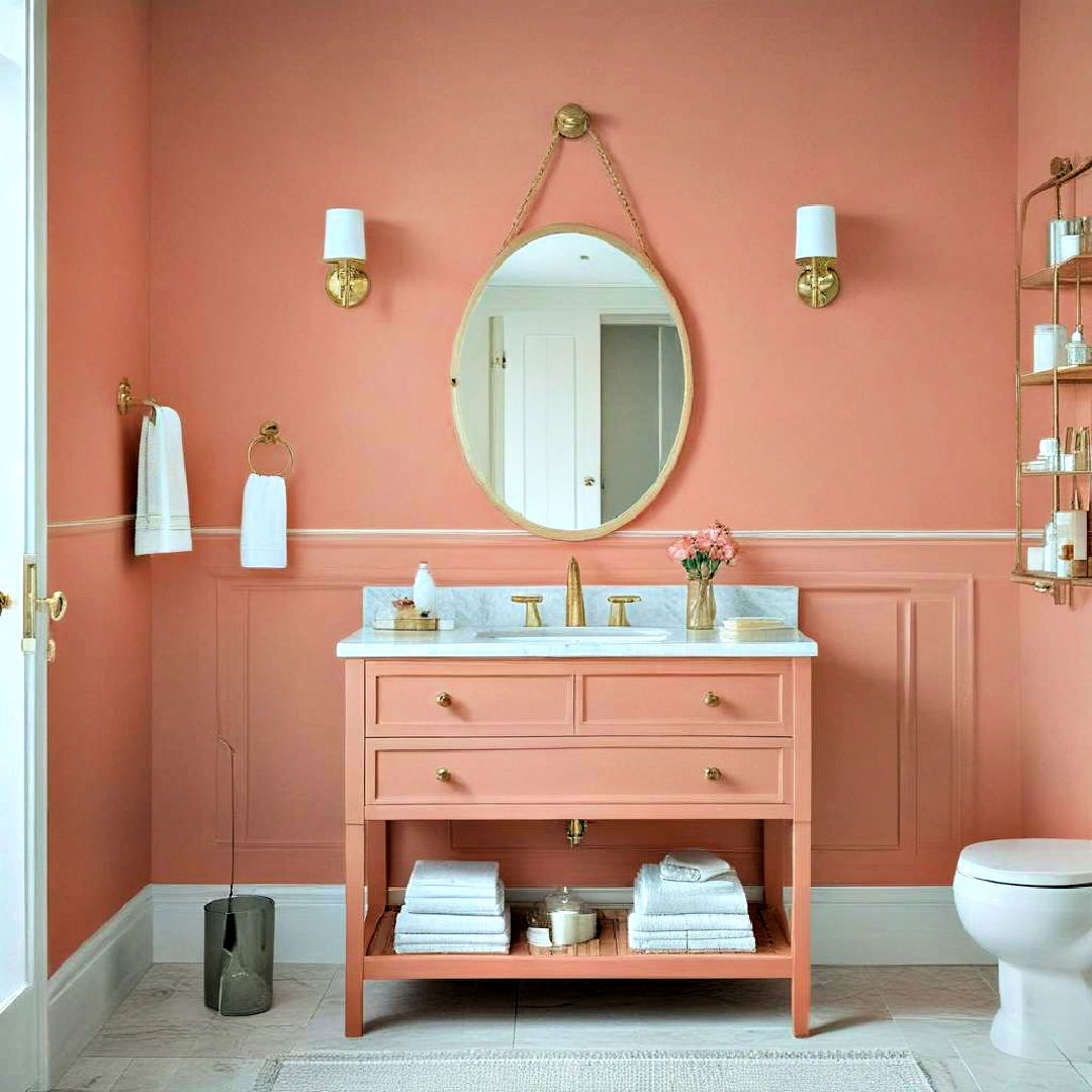 coral paint with gold accessories - 40 Bathroom Paint Ideas