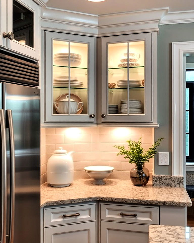 corner cabinet with glass doors design - 15 Kitchen Corner Ideas