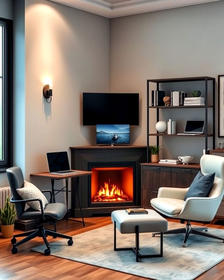 corner fireplace for contemporary office - 15 Home Offices With Fireplaces