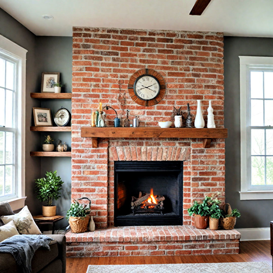 corner fireplace with a brick and shiplap combination - 25 Corner Fireplace Ideas
