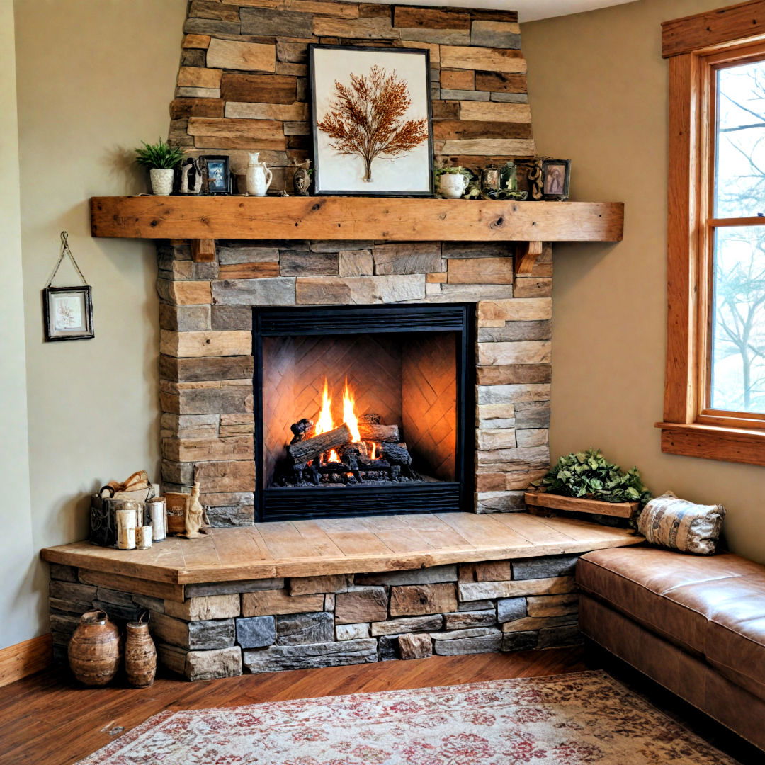 corner fireplace with a reclaimed wood mantel - 25 Corner Fireplace Ideas