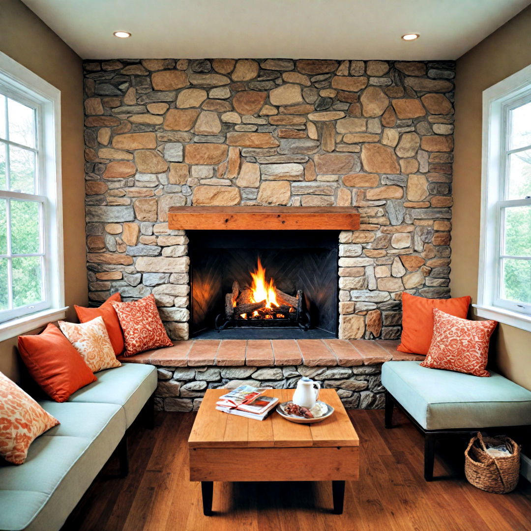 corner fireplace with built in seating for small space - 25 Corner Fireplace Ideas