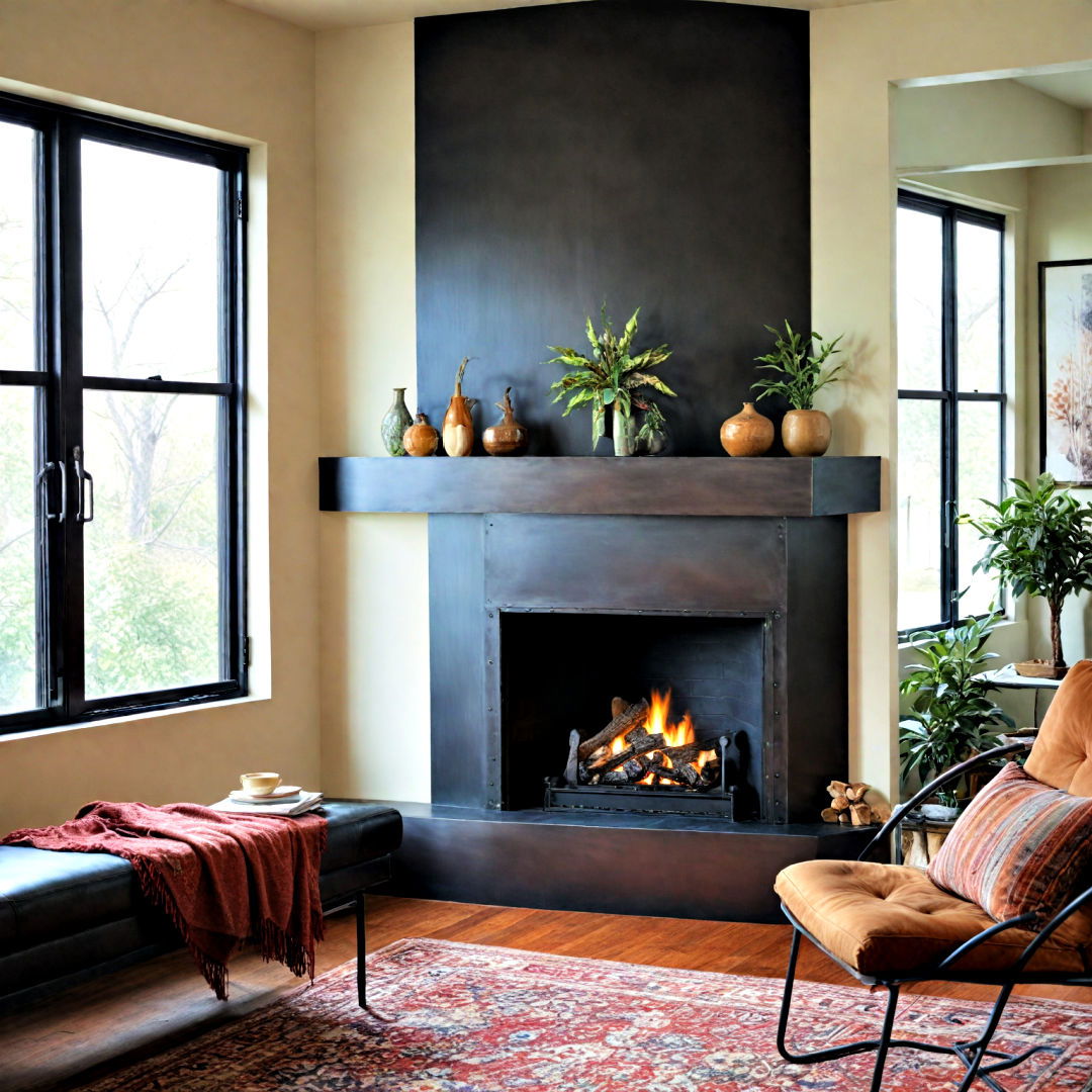 corner fireplace with metal accent - 25 Corner Fireplace Ideas