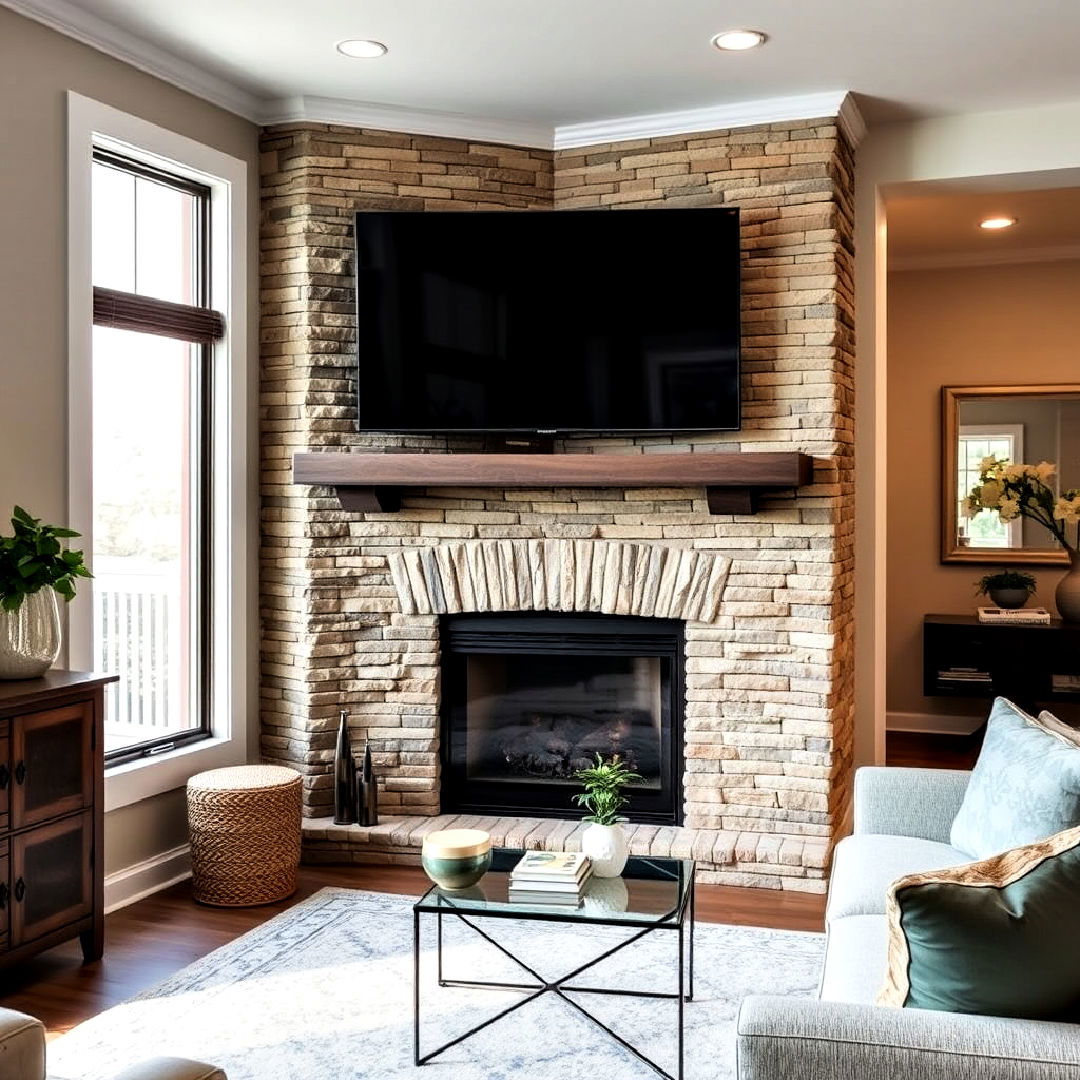 corner fireplace with natural stone - 25 Stacked Stone Fireplace Ideas