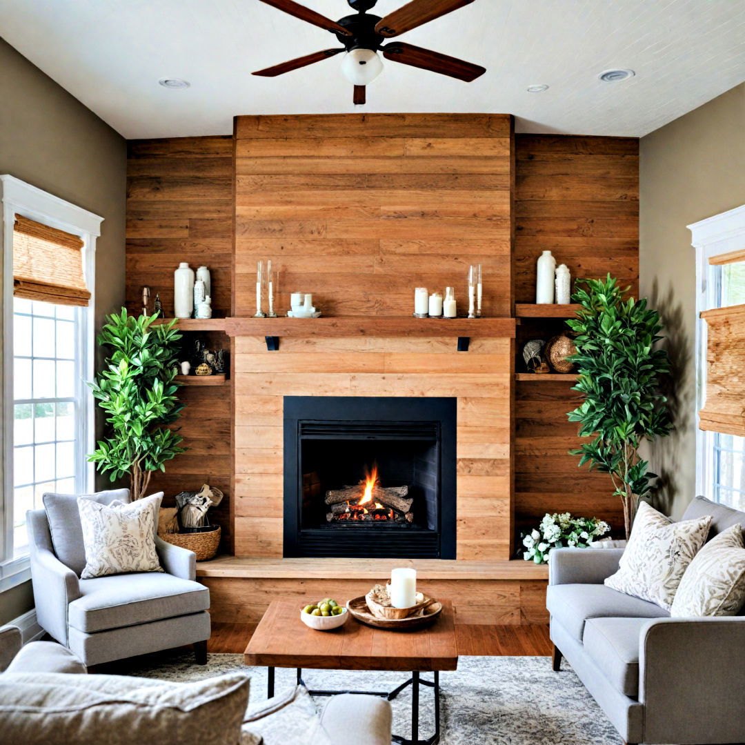 corner fireplace with shiplap accent wall - 25 Corner Fireplace Ideas