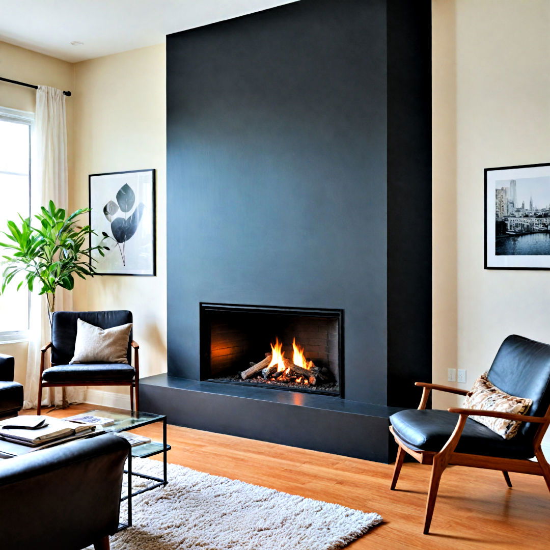 corner fireplace with sophisticated black finish - 25 Corner Fireplace Ideas