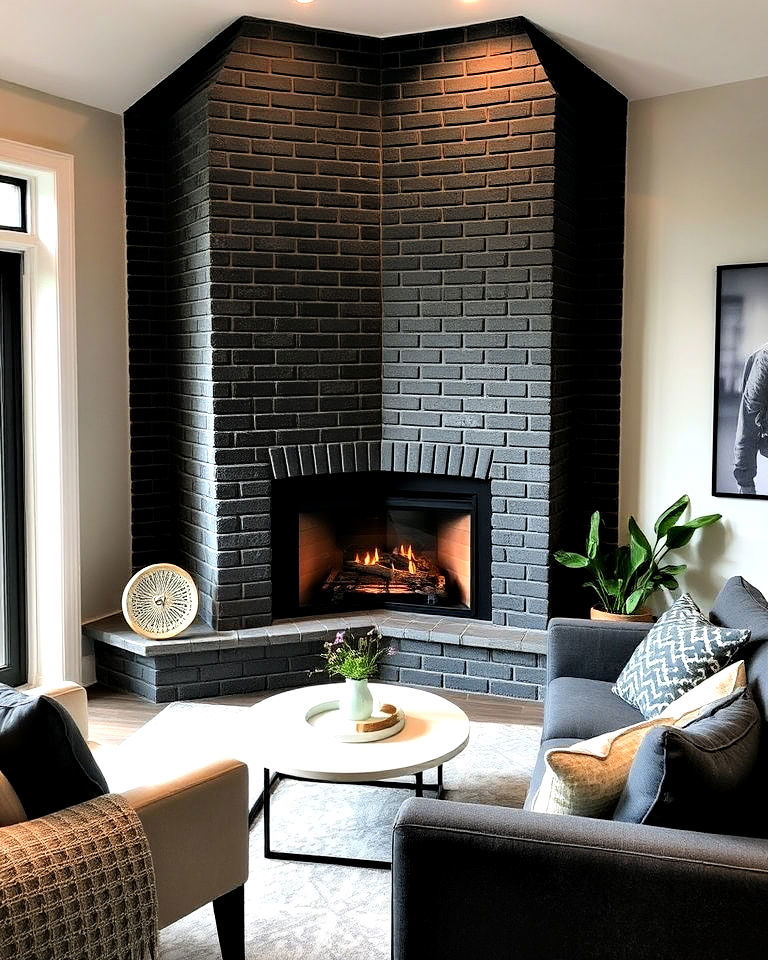 corner fitted black brick fireplace design - 30 Black Brick Fireplace Ideas