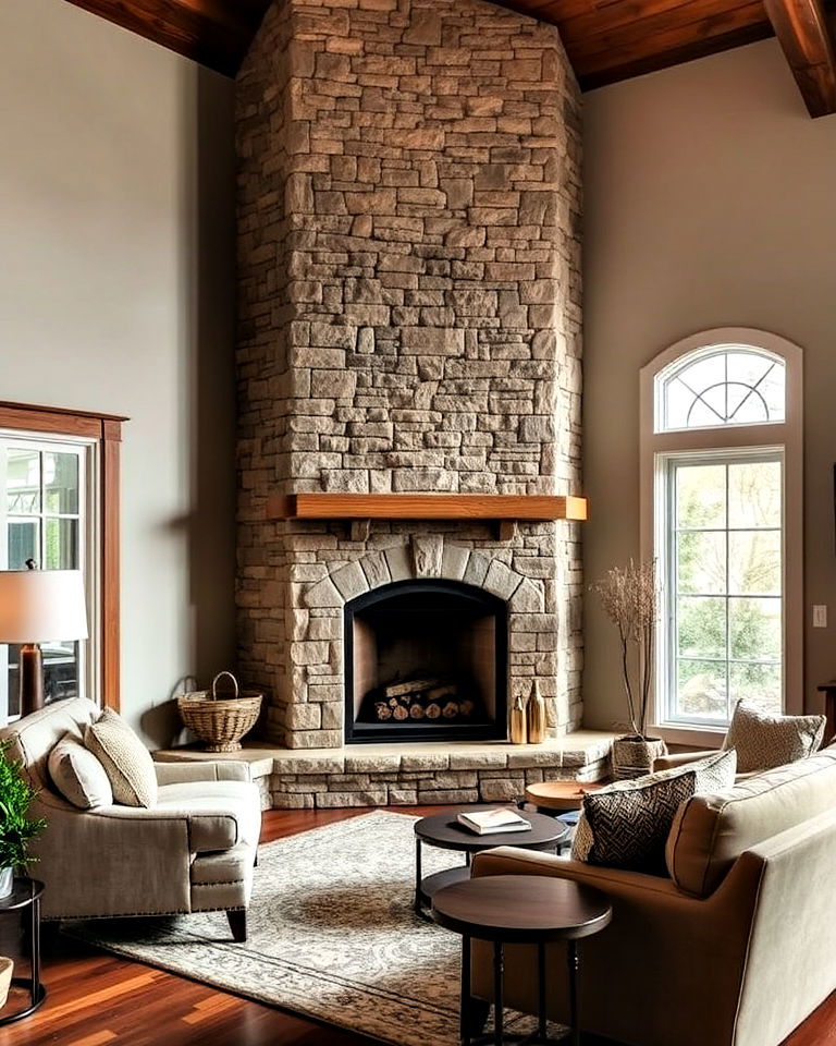 corner floor to ceiling stone fireplace ideas - 20 Floor-to-Ceiling Stone Fireplace Ideas