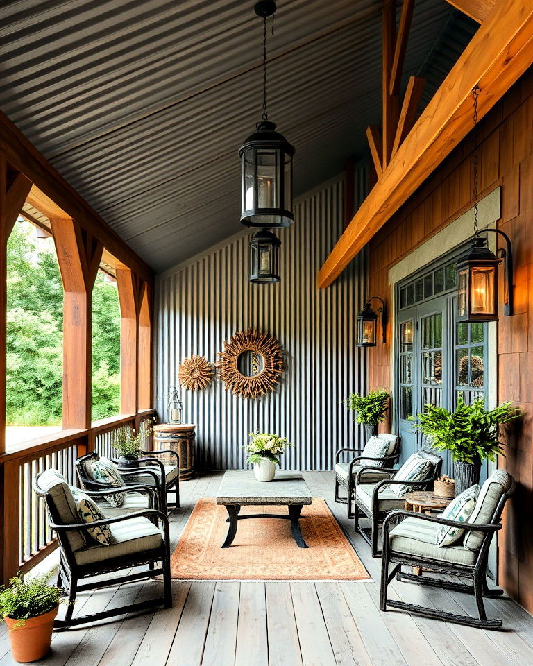 corrugated metal accents for industrial rustic charm - 30 Rustic Porch Ideas