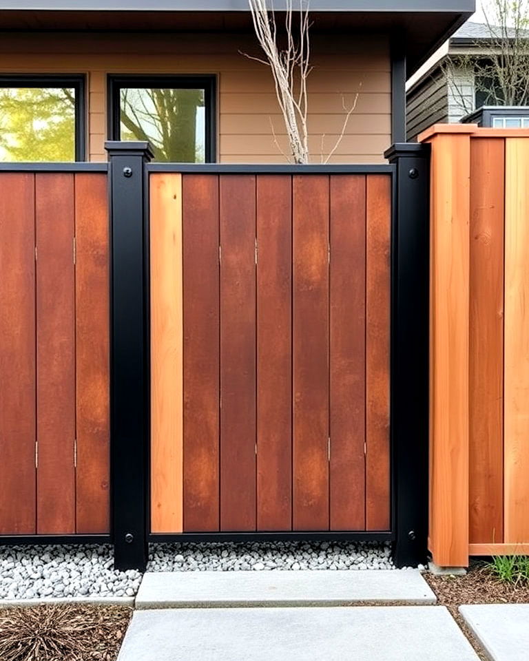 corten steel fence and cedar panels - 25 Metal and Wood Fence