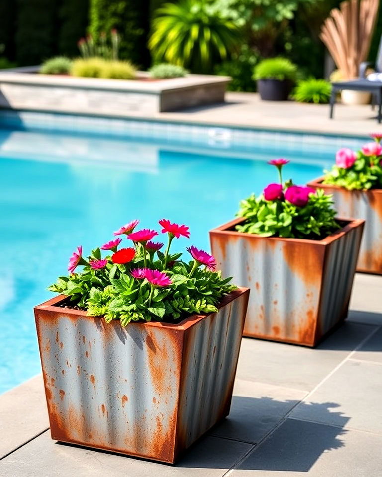 corten steel pool planters for rustic charm - 30 Pool Planter Ideas