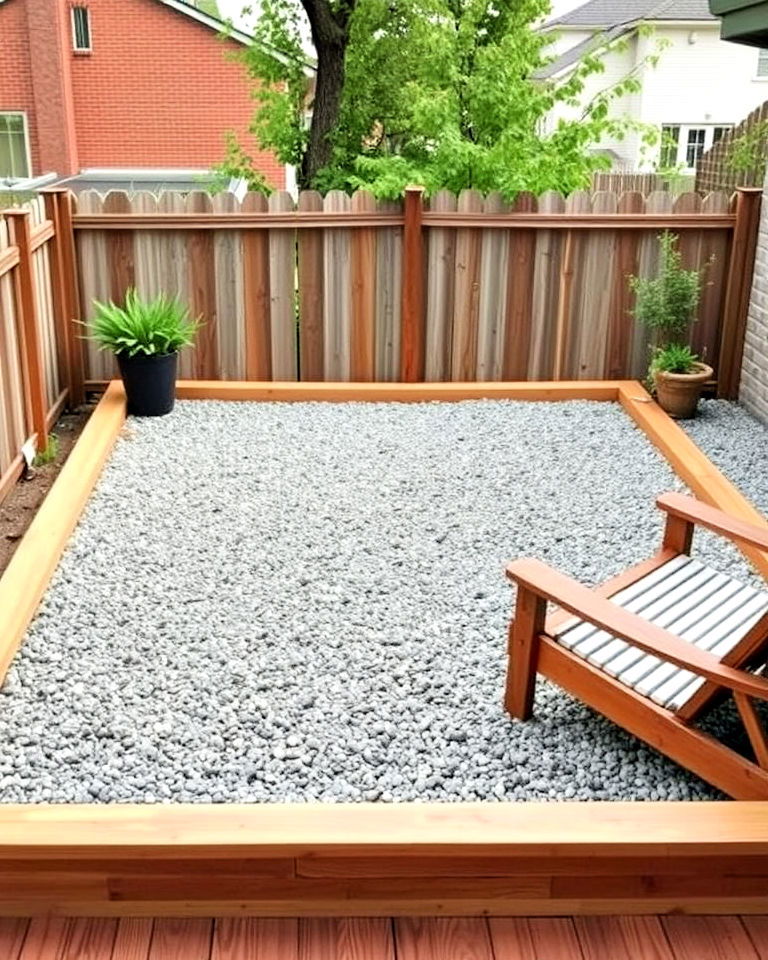 cost effective gravel and wood frame deck - 30 Backyard Deck Ideas on a Budget