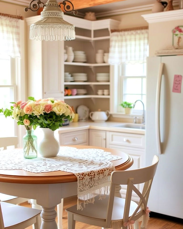 cost effective lace accents and doilies - 15 Shabby Chic Kitchen Ideas