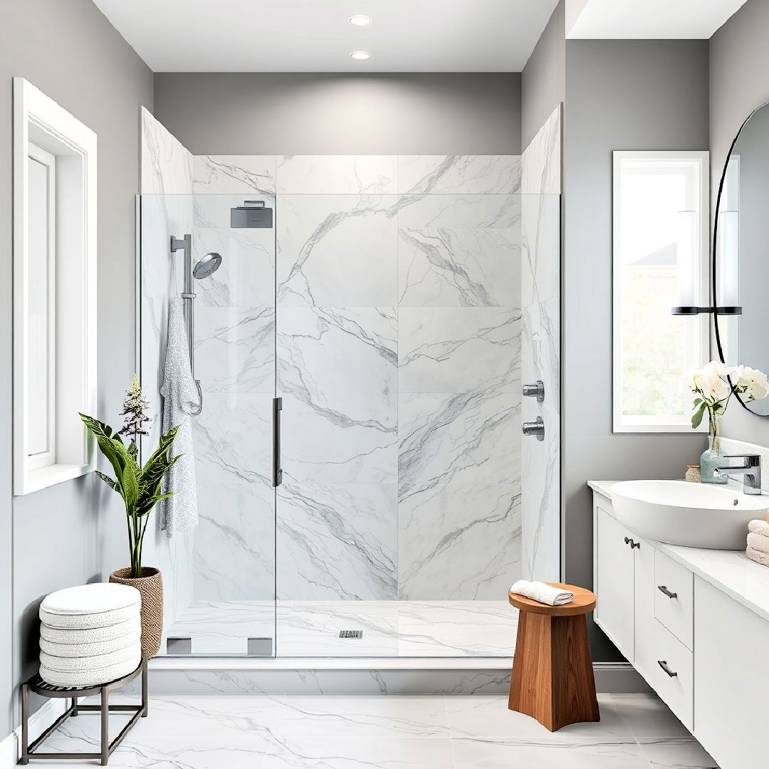 cost effective marble look porcelain tiles - 30 Walk-in Shower Tile Ideas