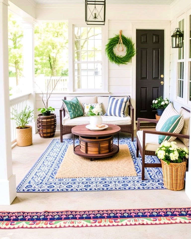 cottage front porch with layered rugs - 15 Cottage Front Porch Ideas