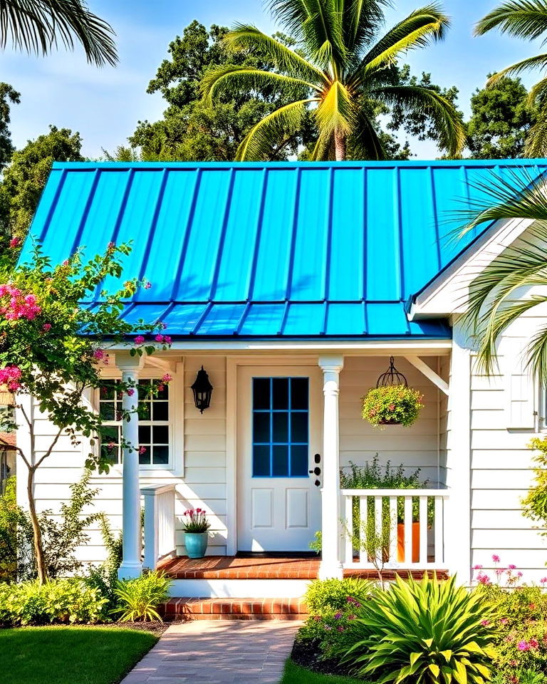 cottage house with caribbean blue roof - 25 Houses With Blue Metal Roofs