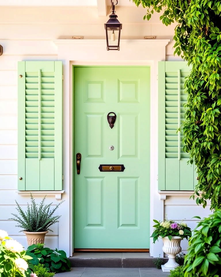 cottage shutters for classic mint green door - 25 Cottage Front Door Ideas