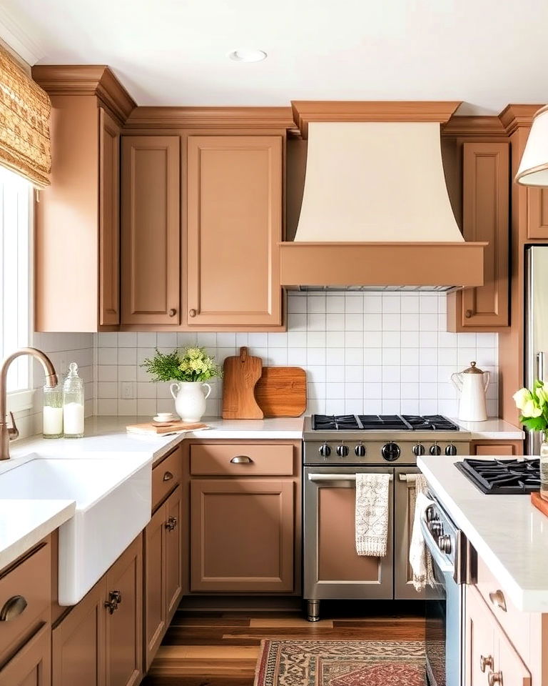 cottage style brown cabinets with beadboard detailing - 25 Brown Kitchen Cabinets Ideas