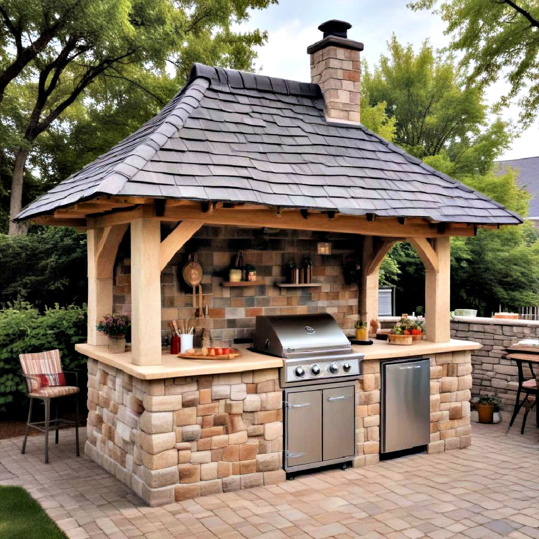 cottage style roof with shingles idea - 25 Covered Outdoor Kitchen Ideas