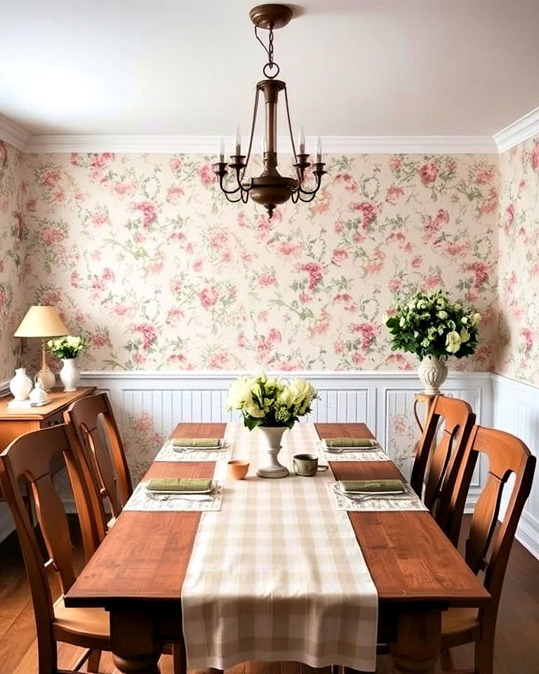 cottagecore dining room with floral wallpaper - 30 Cottagecore Dining Room Ideas