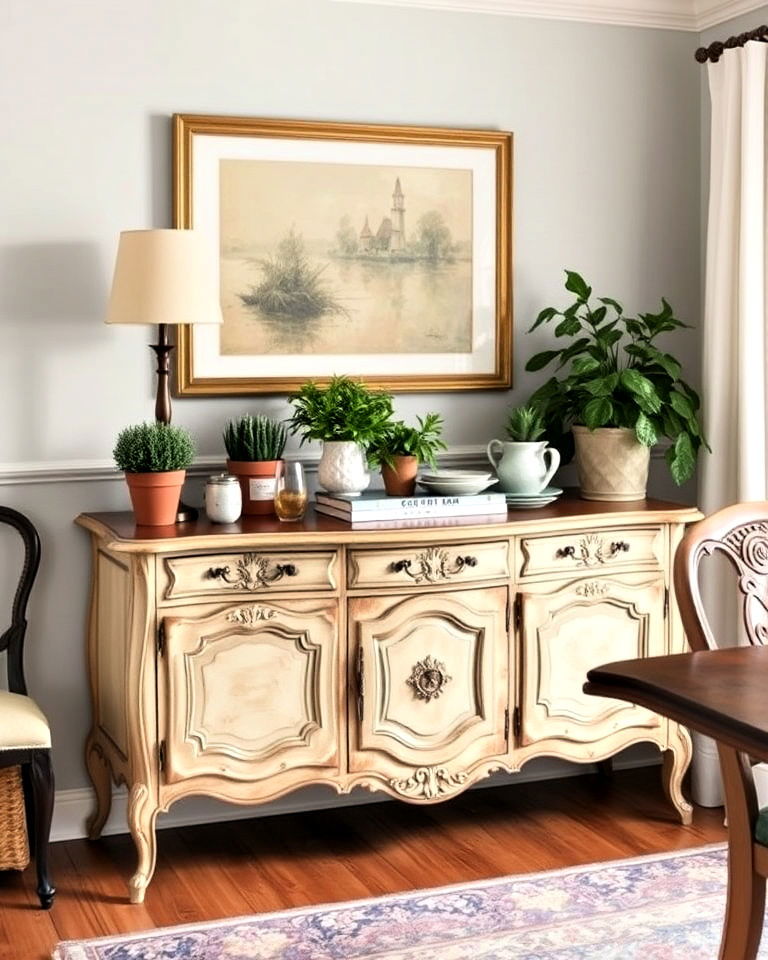 cottagecore dining room with vintage sideboard - 30 Cottagecore Dining Room Ideas