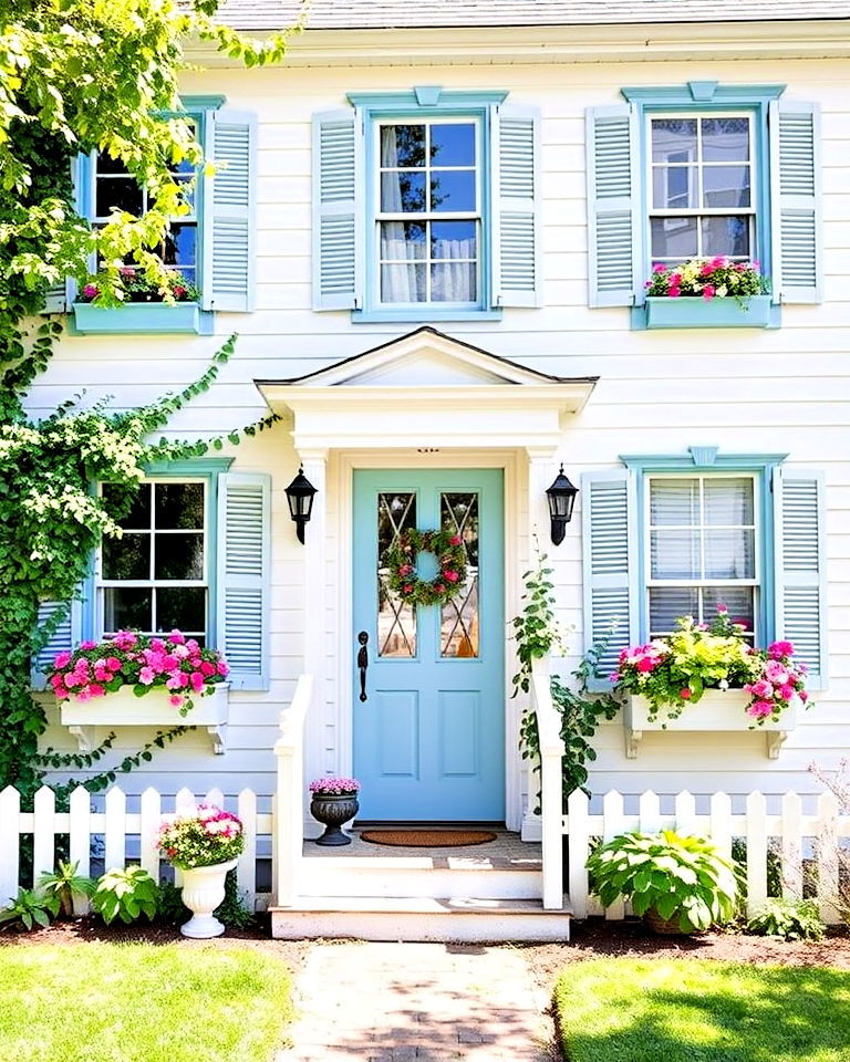 cottagecore white exterior with powder blue trim - 20 White House With Blue Trim Design Ideas