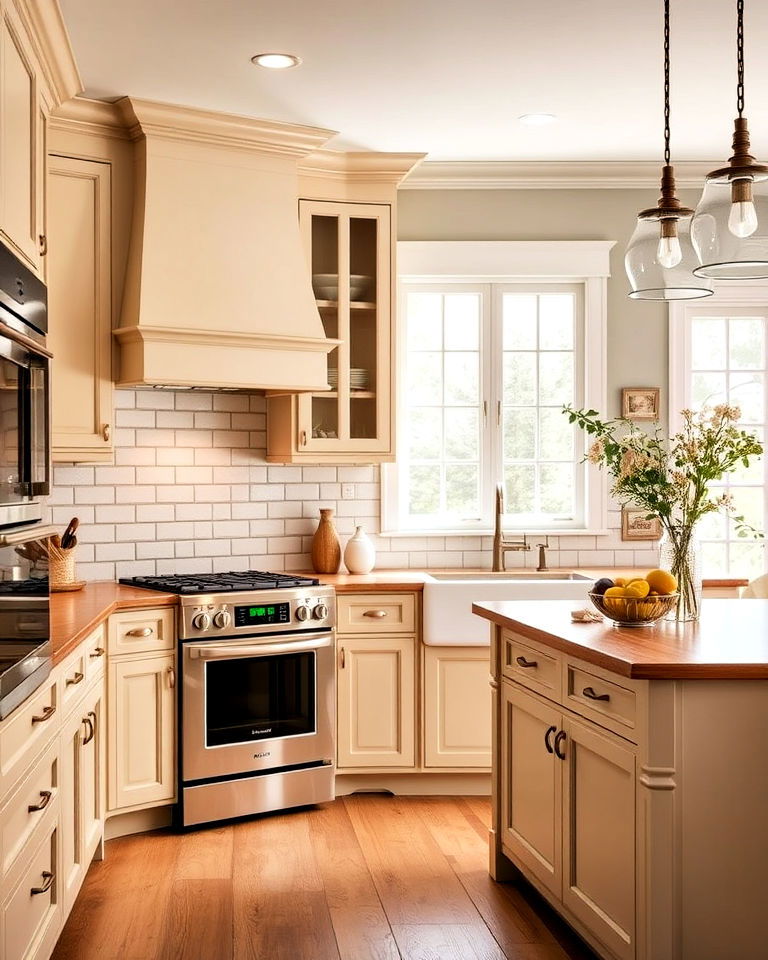 country kitchen with warm beige cabinets - 40 Kitchen Cabinet Color Ideas
