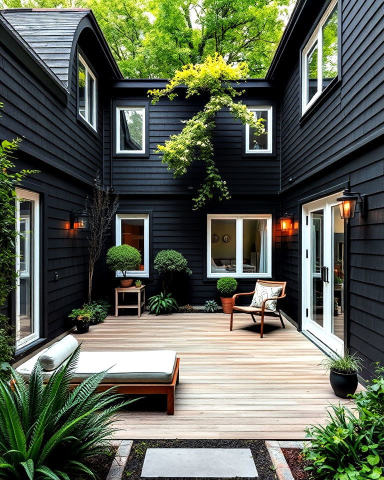 courtyard design for black siding home - 30 Black Siding House Ideas