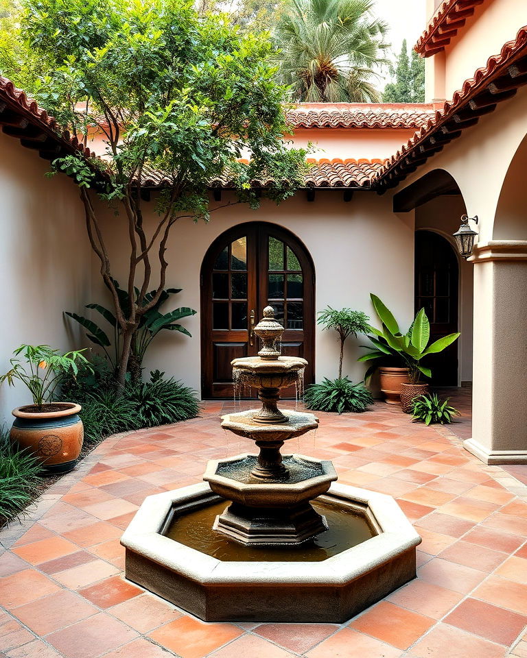 courtyard with luxurious fountain - 25 Spanish Bungalow Exterior Ideas