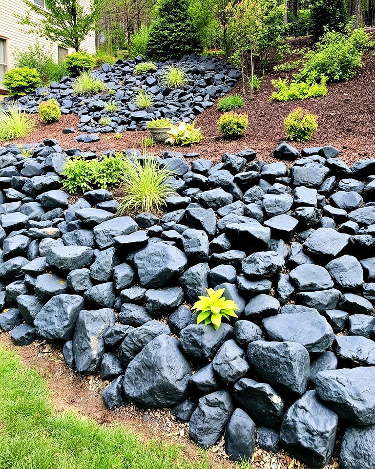 cover a slope with black river rock - 20 Black River Rock Landscaping Ideas