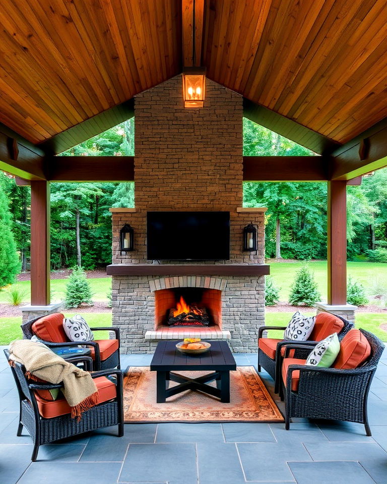 covered backyard pavilion with fireplace and tv - 15 Backyard Pavilions With Fireplaces