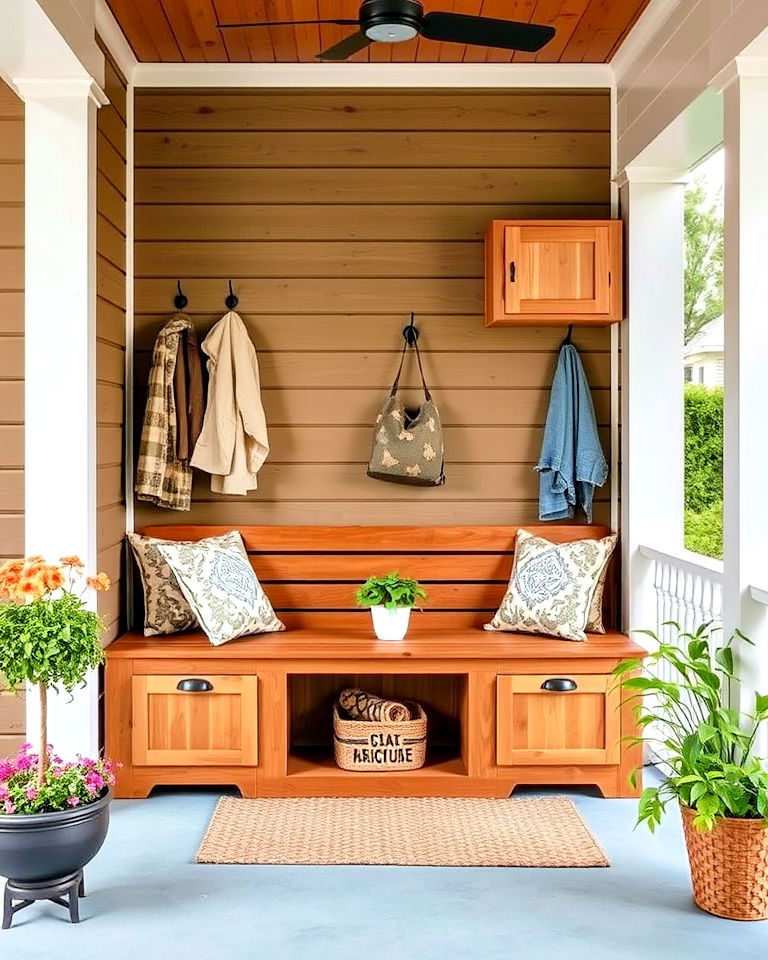 covered porch with built in storage design - 40 Covered Porch Ideas