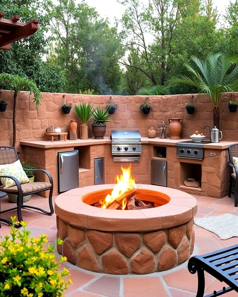 cozy adobe fire pit integration - 20 Mexican Outdoor Kitchen Ideas