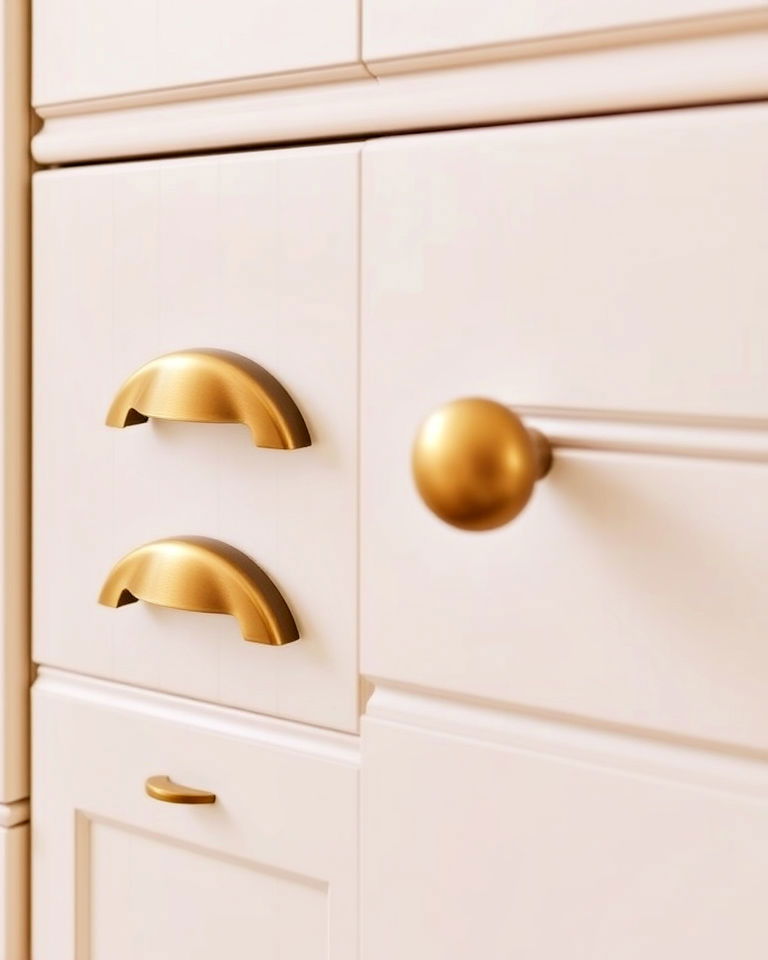 cozy aesthetic brass cup pulls - 40 Kitchen Cabinet Hardware Ideas