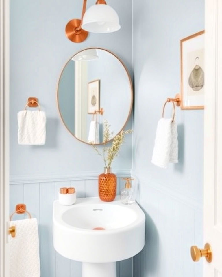 cozy aesthetic pastel blue and copper accents - 20 Blue Powder Room Ideas