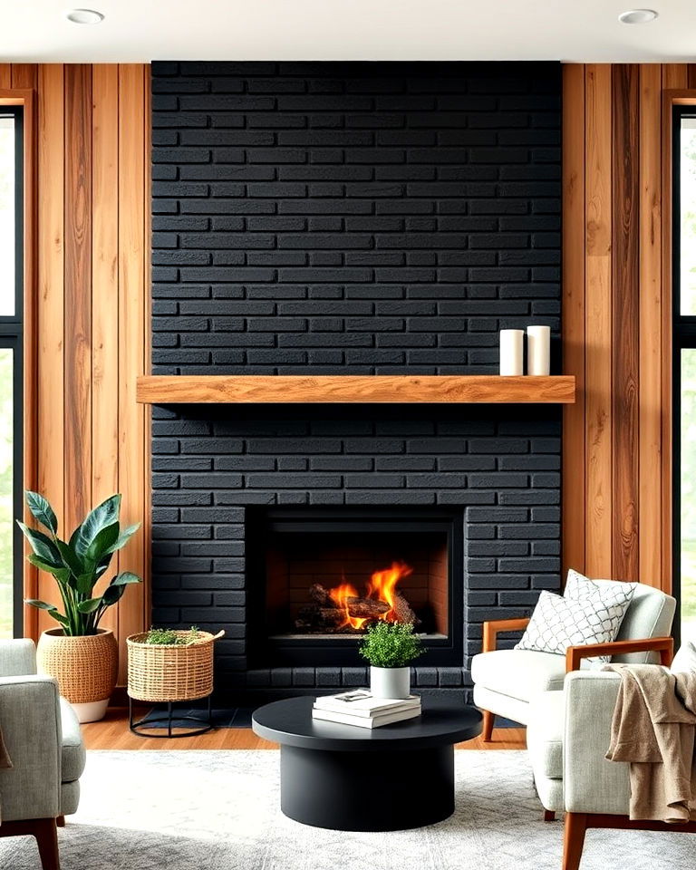 cozy black brick fireplace with vertical wood panels - 30 Black Brick Fireplace Ideas