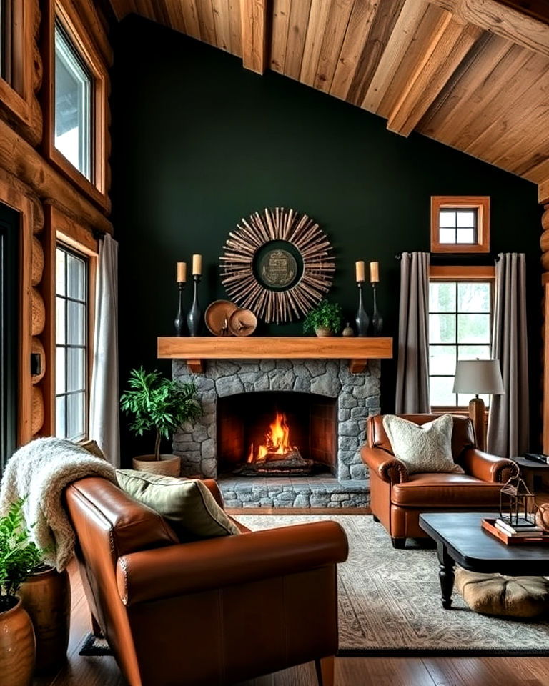 cozy cabin with dark green accent wall - 40 Dark Green Accent Wall Ideas