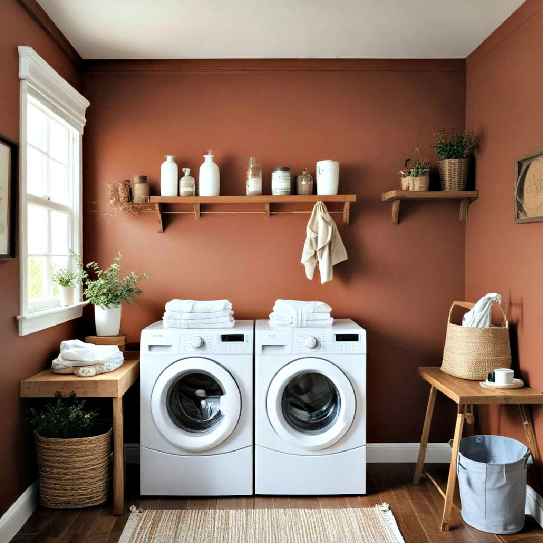 cozy cinnamon paint with wooden accents - 25 Laundry Room Paint Ideas