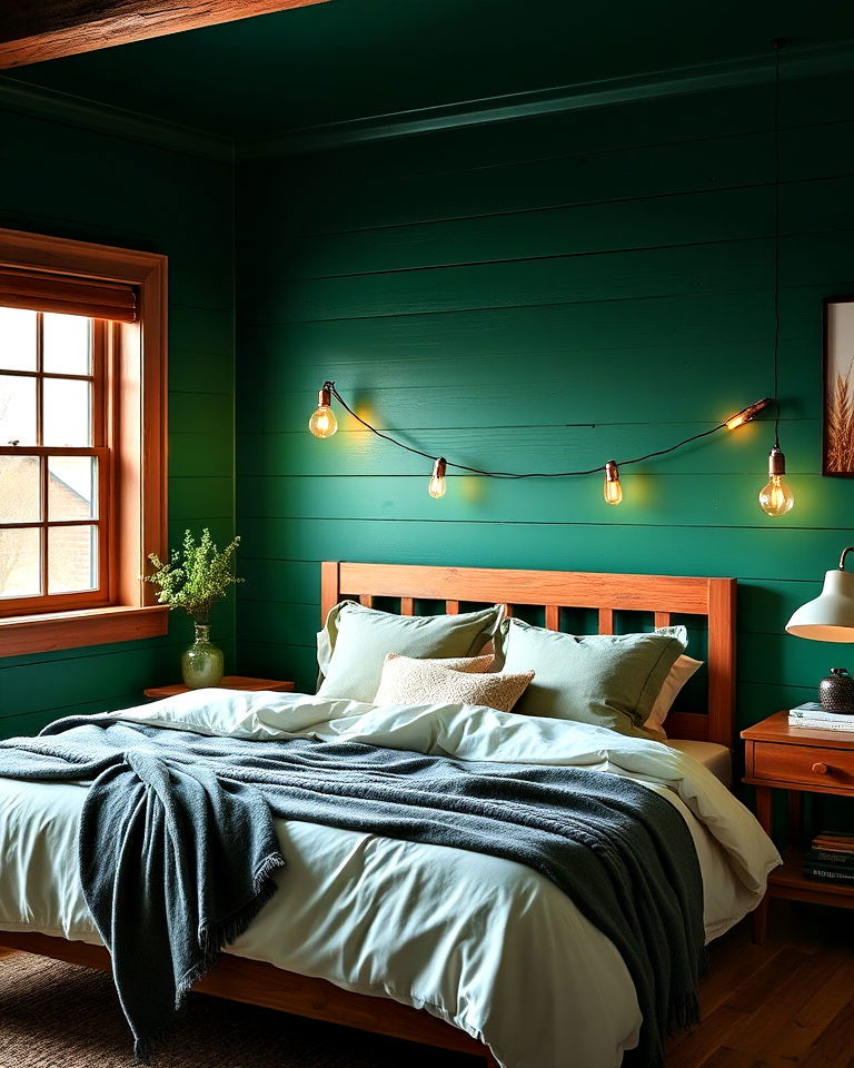 cozy emerald green shiplap walls - 20 Green Panelling Bedroom Ideas