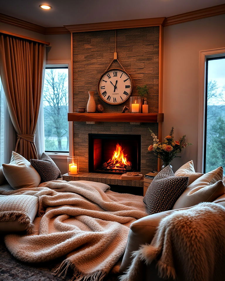 cozy fireplace setting for romantic hotel room - 30 Romantic Hotel Room Ideas