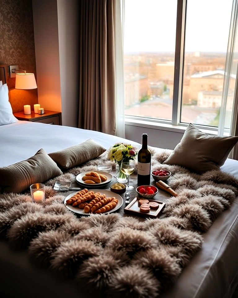 cozy indoor picnic with finger foods - 30 Romantic Hotel Room Ideas