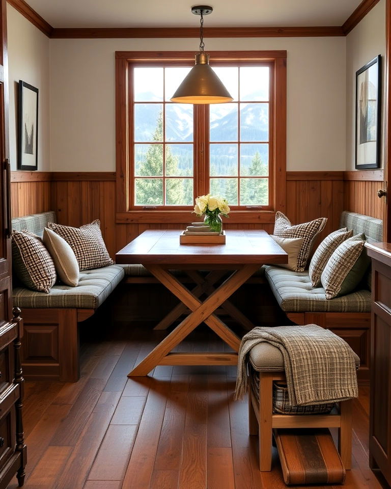 cozy kitchen nook with built in benches - 20 Mountain House Kitchen Ideas