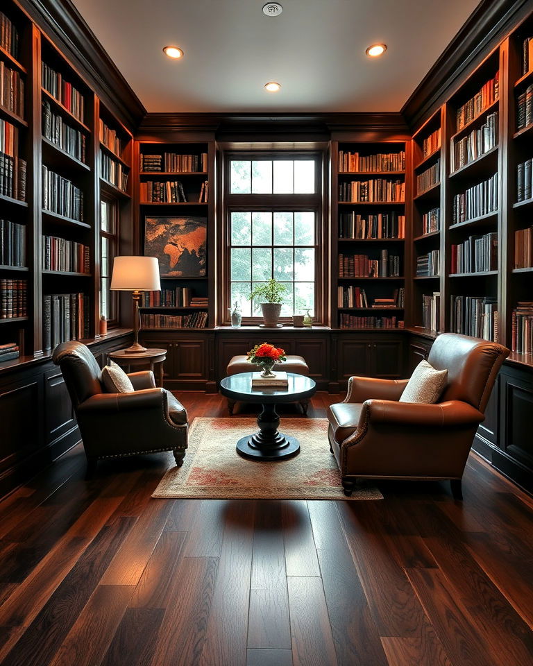 cozy library with dark walnut floor - 20 Dark Walnut Floors for Rooms