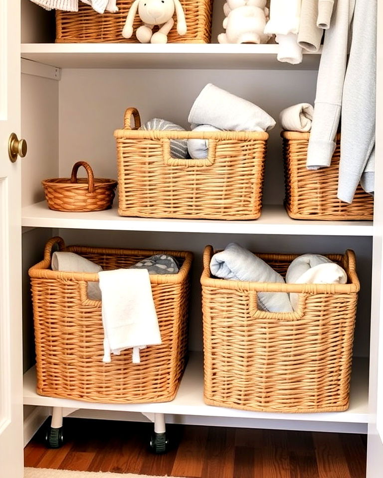 cozy look rattan baskets for a cozy look - 25 Nursery Closet Ideas
