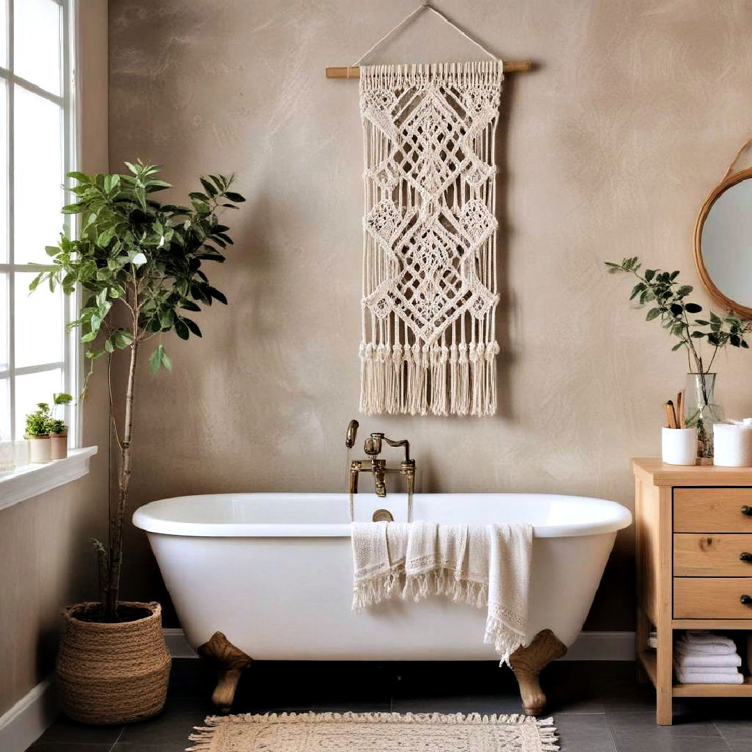 cozy macrame wall hanging for boho bathroom - 25 Boho Bathroom Ideas