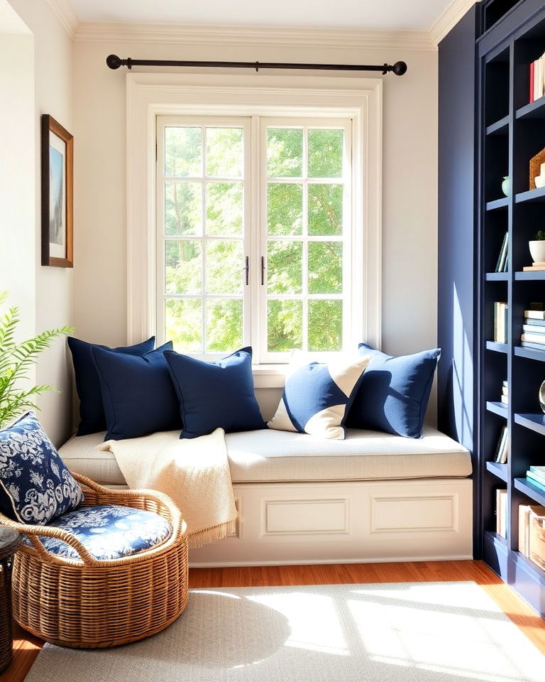 cozy navy and cream window seat - 25 Navy and Cream Living Room Ideas